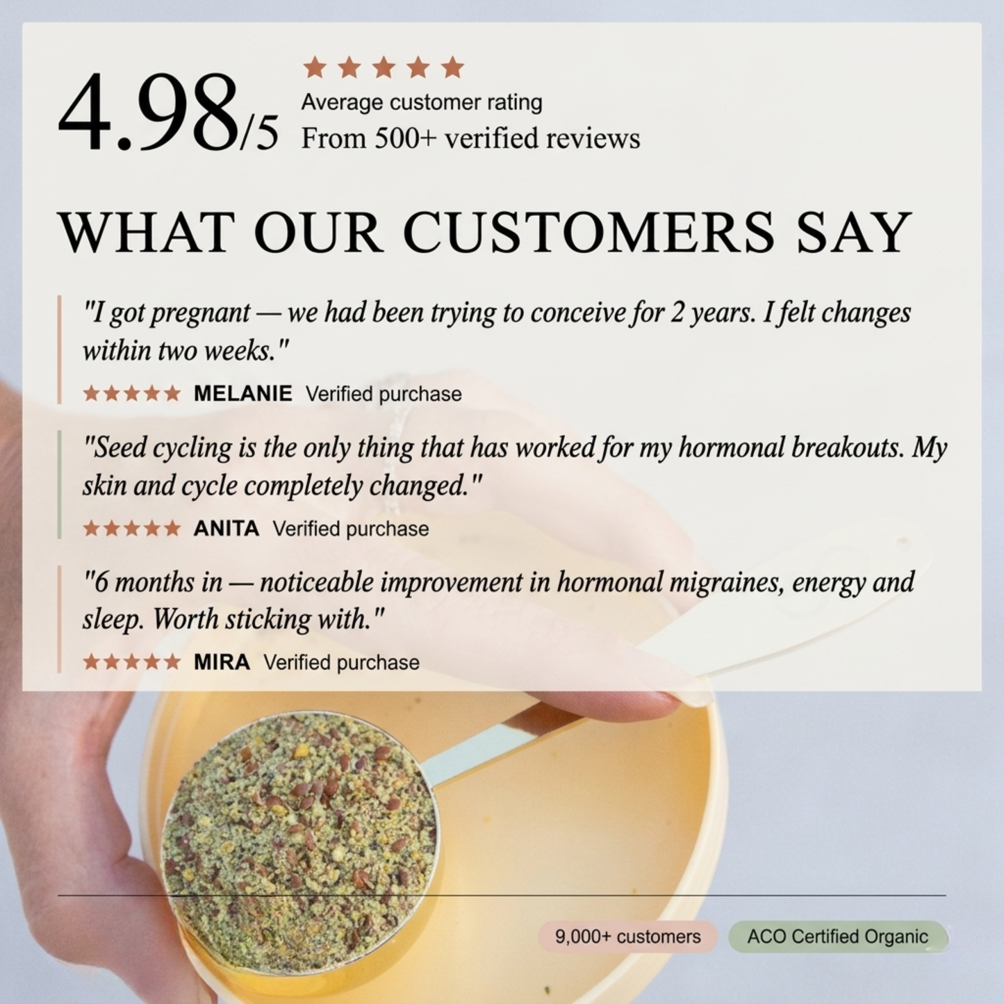 The Seed Cycle customer reviews and five-star ratings for seed cycling blends on a light blue background