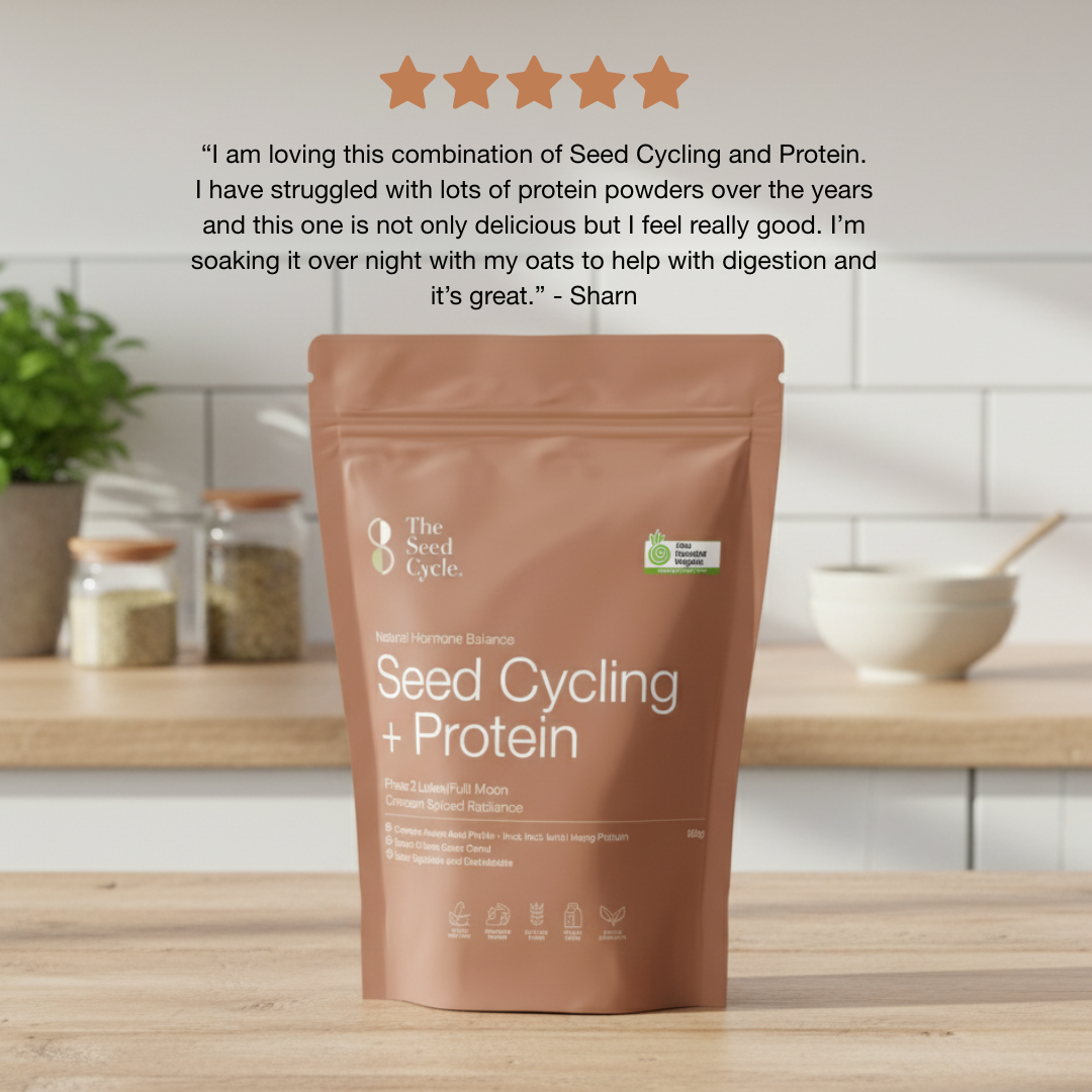 Seed Cycling + Protein Phase 2 pouch on a kitchen counter with a five-star customer testimonial